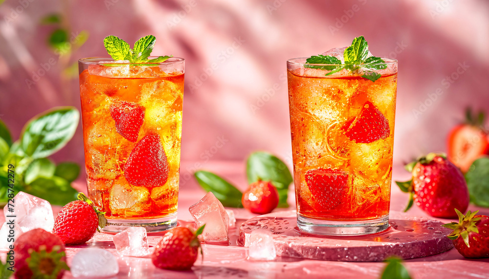 Strawberry Iced Tea in Glass with Fresh Berries. Summer drink. Strawberry Iced Tea in Glass with Fresh Berries. Summer drink.