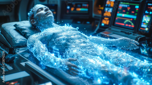 A person figure in cryogenic recovery on a high-tech medical bed. Cryobiology for freezing bodies photo