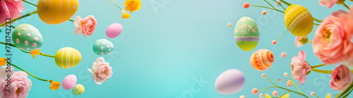 Polka-dotted Easter eggs and spring flowers float on a tranquil turquoise backdrop. easter banner