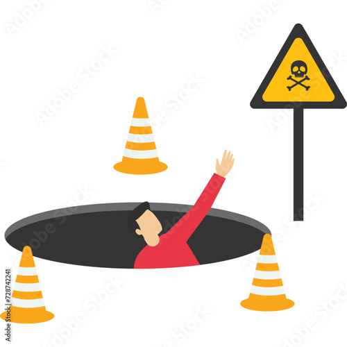 businessmen fell into a hole. Failure or mistake leads to disaster despair, business hazard or accident, trouble, trouble or risk from crisis or recession, loss or trap concept.