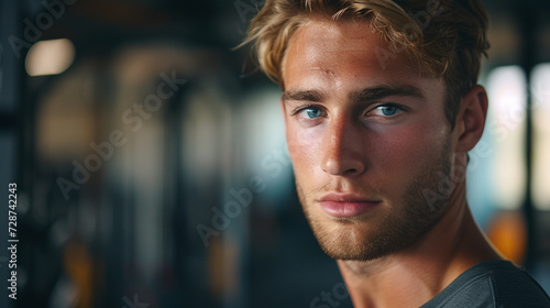 A headshot of a fitness instructor in a gym setting, emphasizing strength and motivation.