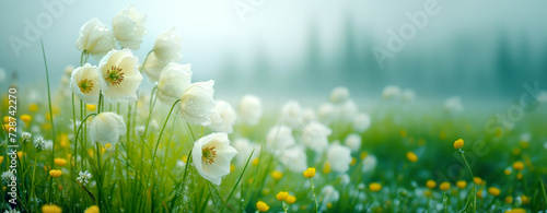 Ethereal white Fritillaria flowers amidst a foggy, dewy meadow photo