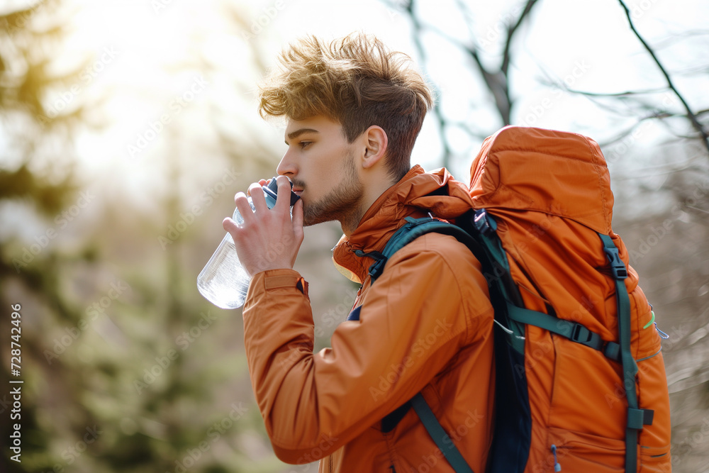 Cropped shot of a carefree young man drinking water from a bottle while going for a hike up a mountain. Thirsty and tired male hiker drinking water from the bottle. - obrazy, fototapety, plakaty 