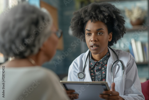 Shot of a young african american female doctor using a digital tablet during a consultation with a senior woman.