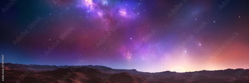 starry night sky, Background with space to add text, stars shining in the sky above the mountains.