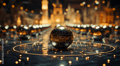 A future cityscape view through a golden color transparent glass globe sphere on the floor with architectural town background at the back drop and blurred bright lights dots   