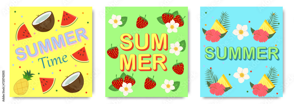 Creative concept of summer cards set. Modern art design with  strawberries, watermelon, pineapple, flowers and modern typography. Templates for celebration, ads, branding, banner, cover, label, poster