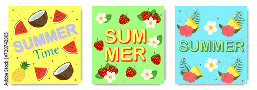 Creative concept of summer cards set. Modern art design with strawberries, watermelon, pineapple, flowers and modern typography. Templates for celebration, ads, branding, banner, cover, label, poster