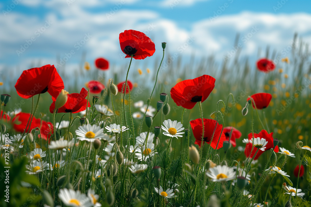 Naklejka premium Wildflowers poppies. background with red poppy flowers. Beautiful red poppy flower and buds. wild flower, beauty in nature. close-up