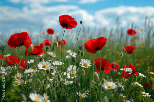 Wildflowers poppies. background with red poppy flowers. Beautiful red poppy flower and buds. wild flower  beauty in nature. close-up