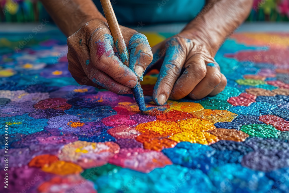 A close-up of hands creating a large community mural during an anti-violence campaign, symbolizing the collective effort to promote safer communities. Generative Ai. A close-up of hands creating a large community mural during an anti-violence campaign, symbolizing the collective effort to promote safer communities. Generative Ai.