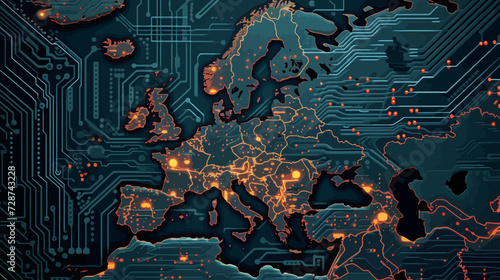 Digital Europe map, microcircuit board, concept of global network and connectivity, international data transfer and cyber technology, worldwide business, information exchange and telecommunication
