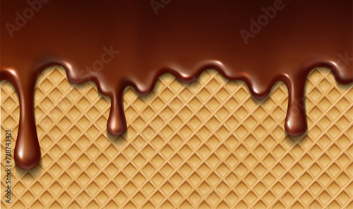 3d realistic vector illustration. Liquid hot chocolate dripping on the wafer.