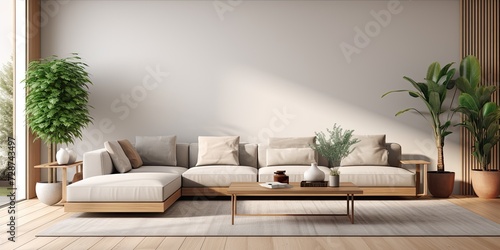 Fashionable living room interior with grey corner sofa, and two wooden coffee tables featuring potted plants.