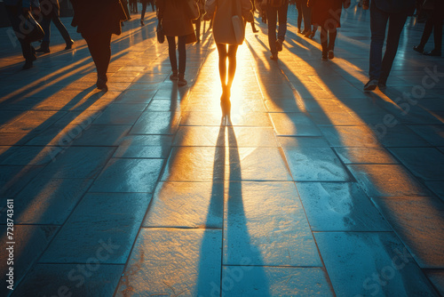 Shadows of people cast on a sunlit pavement, capturing their movements without revealing facial details. Concept of the hidden identity within daily routines. Generative Ai.