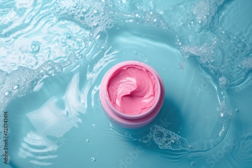 A matte pink jar of cream lying on the water surface  product photography  top view