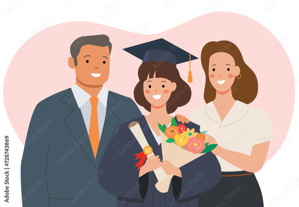High school or college graduation. Graduation celebration party. Education and academics. Vector illustration of graduation celebrating with family and friends. High school or college graduation. Graduation celebration party. Education and academics. Vector illustration of graduation celebrating with family and friends.