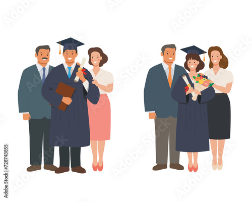 High school or college graduation. Graduation celebration party. Education and academics. Vector illustration of graduation celebrating with family and friends.