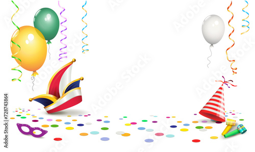 Karneval Plakat mit Faschingshut, Luftballons, Konfetti, Tröten, Luftschlangen und Maskenbrille,
Vektor Illustration isoliert auf weißem Hintergrund
