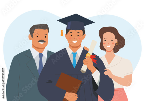 High school or college graduation. Graduation celebration party. Education and academics. Vector illustration of graduation celebrating with family and friends.