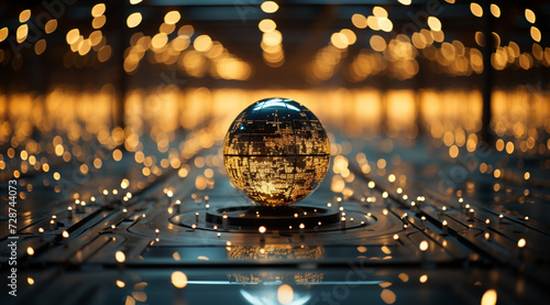 A future cityscape view through a golden color transparent glass globe sphere on the floor with architectural town background at the back drop and blurred bright lights dots   