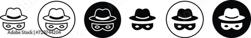 Agent icon set. Spy sunglasses. Hat and glasses, Mystery man sign. Robber or thief symbol. Hidden identity stranger person icons. Anonymous spy agent , logo flat sign for mobile concept, web design.