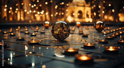 A future cityscape view through a golden color transparent glass globe sphere on the floor with architectural town background at the back drop and blurred bright lights dots 