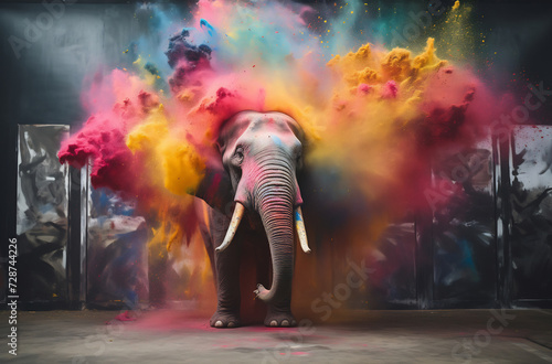 Vibrant Elephant Bursting with Colorful Powder
