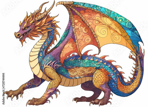 Dragon with ornate scales on white background