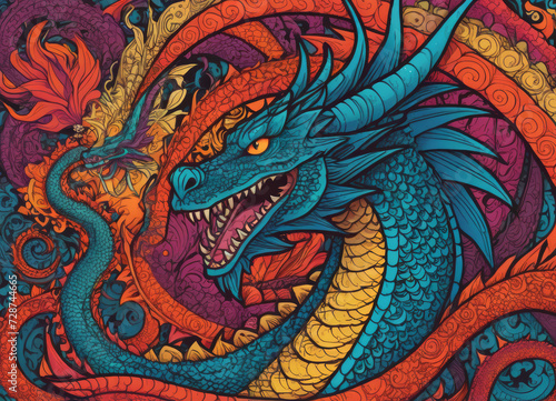 Majestic colorful dragon among bright colors © Andrey