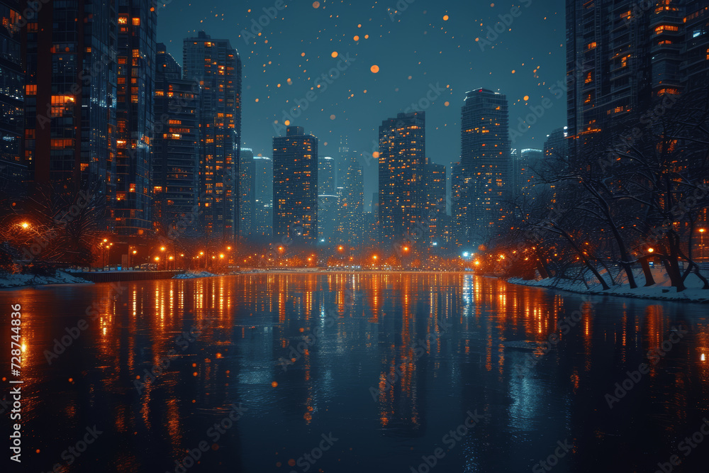 A series of city lights reflecting on a river in varying shades of gold, capturing the urban reflections and creating a captivating nighttime scene.  Generative Ai.
