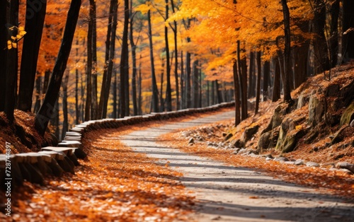 A serene autumnal road lined with golden trees under a soft light