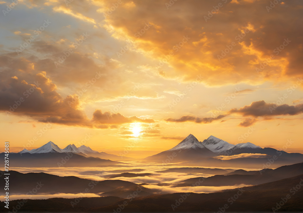 Golden sunrise over white puffy clouds and two mountains on the distance