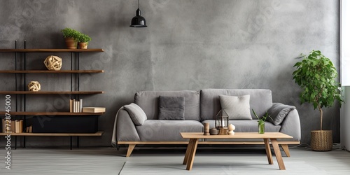 A chic living room interior with a gray sofa, wooden coffee table, desk, and elegant personal accessories. Loft and industrial design for home decor.