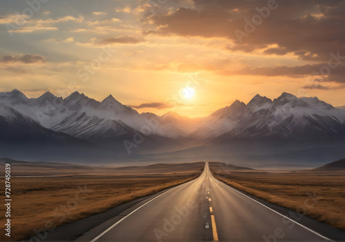 An open road winds its way to the mountains as the sun sets