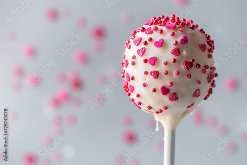 A white chocolate cake pop adorned with red heart sprinkles, presented with a soft-focus backdrop of pink dots, suitable for Valentine's Day treats, confectionery themes, or romantic dessert marketing