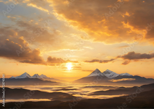 Golden sunrise over white puffy clouds and two mountains on the distance