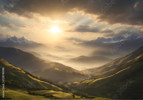 A scenic view of hills and mountains filled with evening sunrays photo