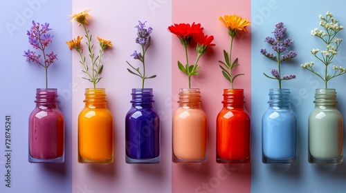 retro style, retro palette of nail polish bottles with small flowers, with empty copy space for text, on pastel backgrounds photo