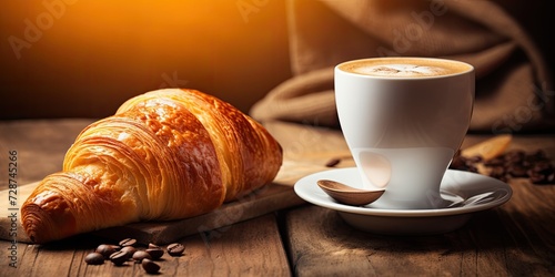A breakfast with croissants and coffee on a wooden table  offering different choices.