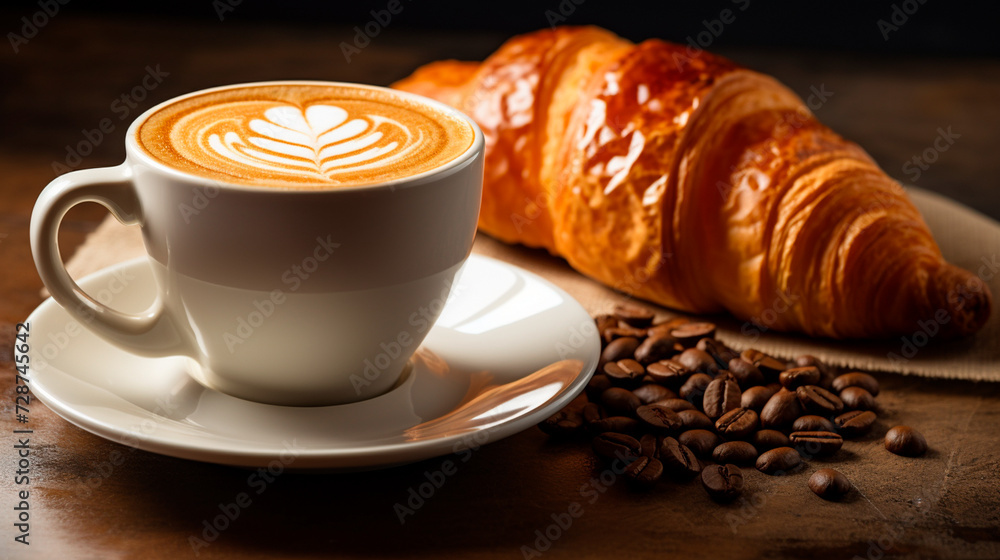 a cup of coffee and a croissant on a table a cup of coffee and a croissant on a table