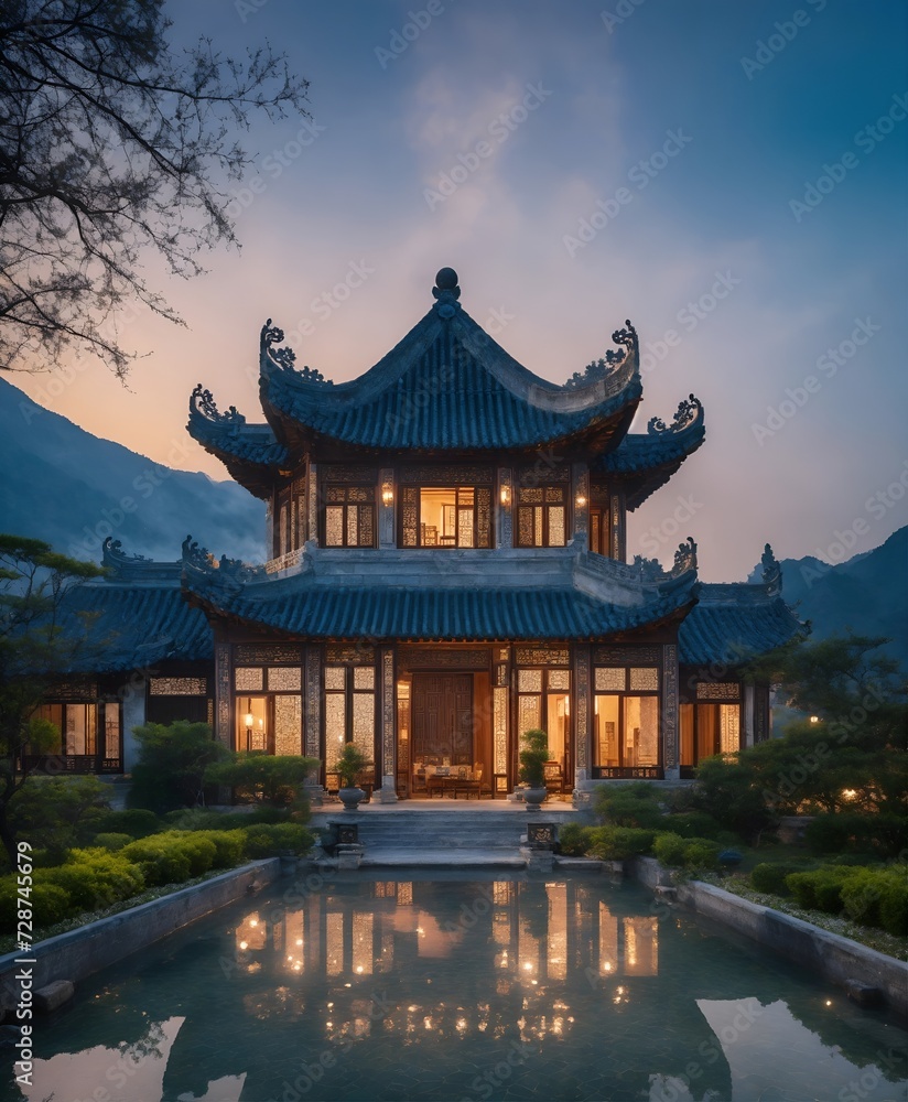A gorgeous Chinese - style high - rise villa stands in the valley, luxurious majestic silver - grey blue antique palace, light decoration, resplencent, stunning spectacular, glass decoration, crystal A gorgeous Chinese - style high - rise villa stands in the valley, luxurious majestic silver - grey blue antique palace, light decoration, resplencent, stunning spectacular, glass decoration, crystal