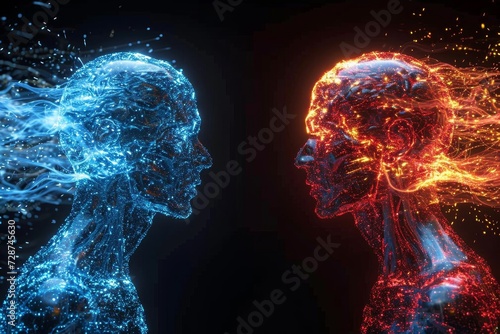 A three-dimensional image of two men in blue and red opposite each other. 3d illustration