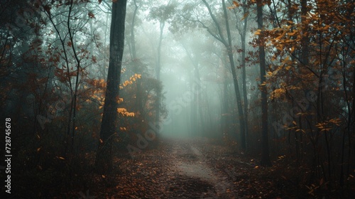 Autumn forest in the fog. Foggy forest in autumn