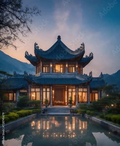 A gorgeous Chinese - style high - rise villa stands in the valley  luxurious majestic silver - grey blue antique palace  light decoration  resplencent  stunning spectacular  glass decoration  crystal