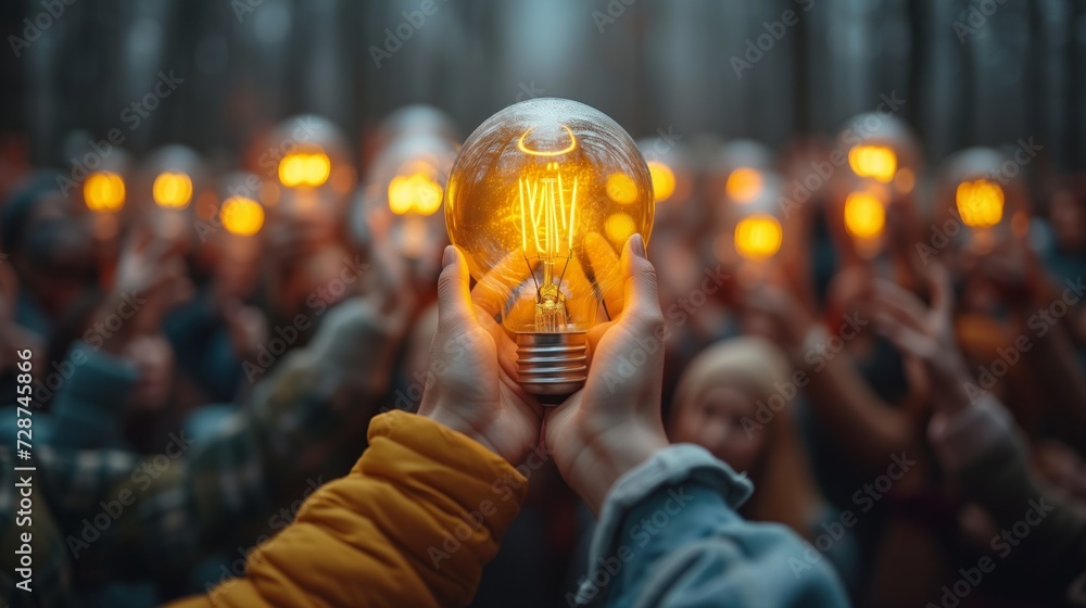 Obraz premium Illuminated Ideas, Crowd Holding Glowing Light Bulbs in Winter Night
