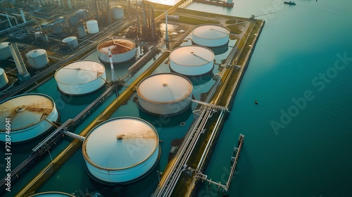 Aerial view oil terminal storage tank. white oil tank chemical petroleum petrochemical refinery product. Business commercial trade fuel energy transport by tanker ship vessel. generative AI