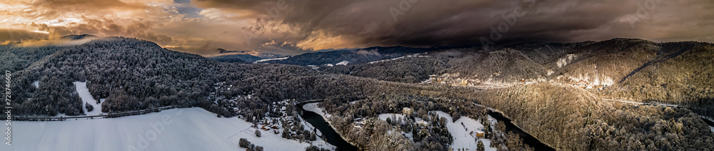 Panorama.Aerial view of the Poprad Landscape Park in Beskid Sadecki on a snowy ,winter day.