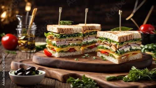 tasty club sandwich on a wooden board, vegetables, food, Restaurant menu, black olive, tomato, Sausage sandwich