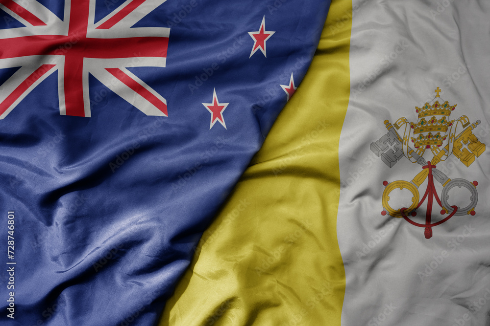 big waving national colorful flag of vatican city and national flag of new zealand . big waving national colorful flag of vatican city and national flag of new zealand .